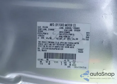 2004 Ford Ranger Xl/Xlt z USA, uszkodzony, nr VIN 1FTYR10DX4PB38109